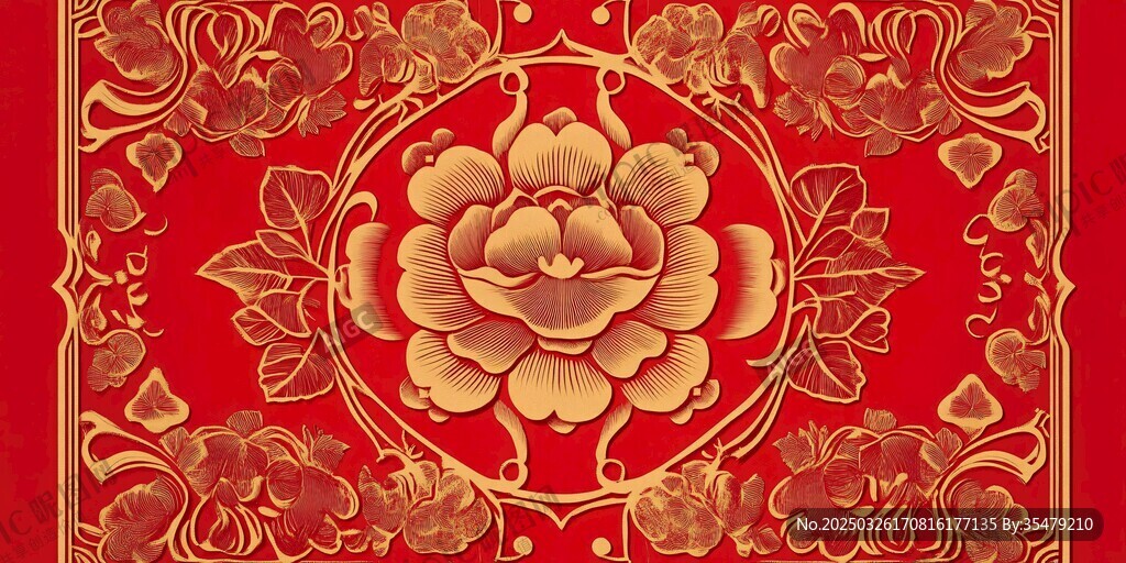 中式紅底金色牡丹花紋飾