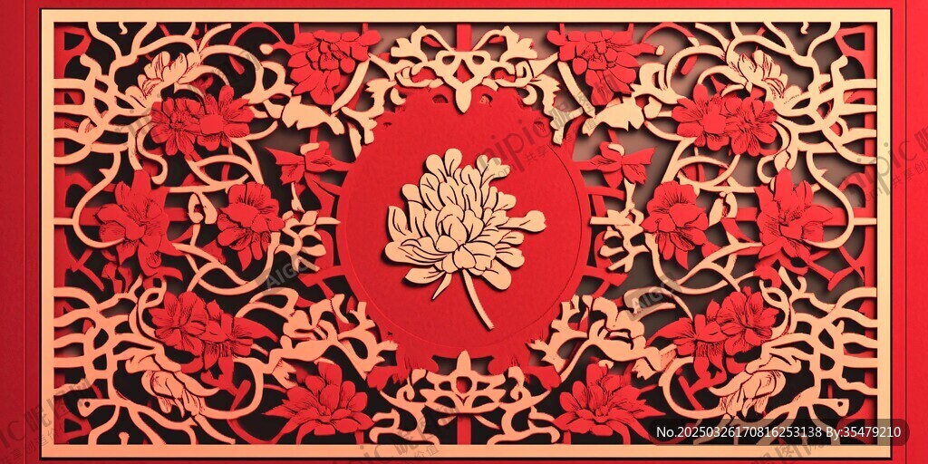 中式雕花紅底花卉裝飾圖