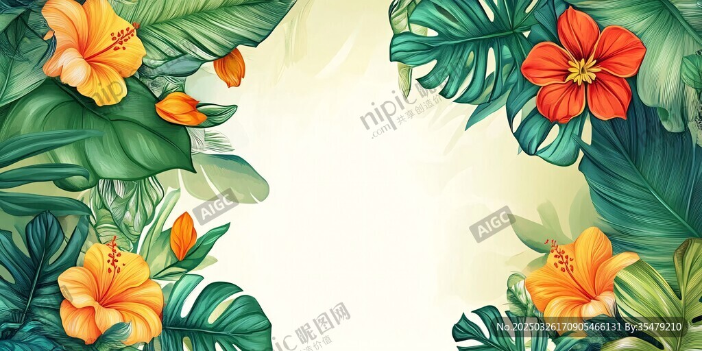 熱帶花卉綠葉裝飾背景圖