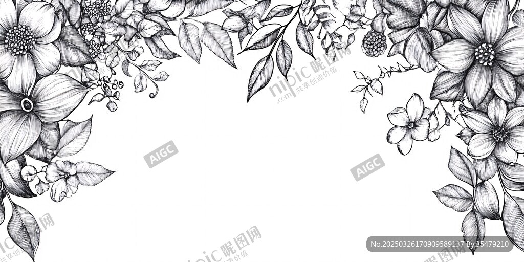 黑白花卉邊框圖案設計