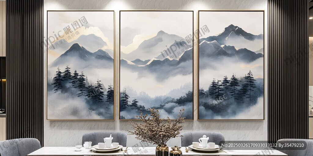 三聯(lián)水墨山水裝飾畫展示