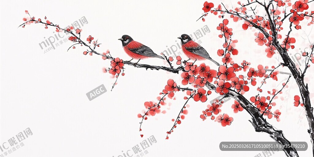 雙鳥棲于紅梅枝頭