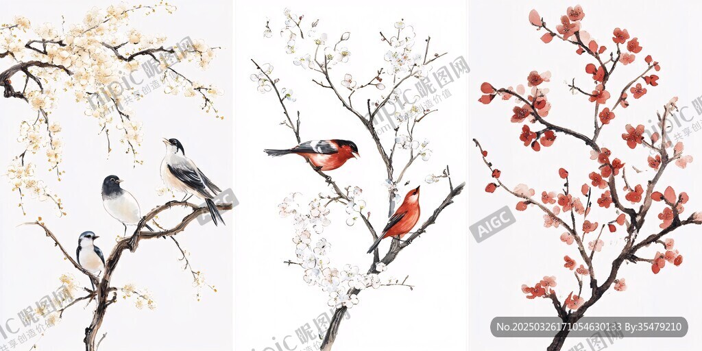 三聯(lián)花鳥圖 梅枝棲鳥韻致
