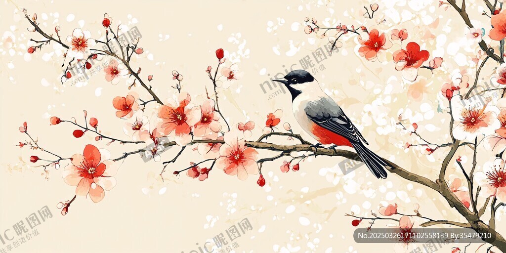 枝頭俏鳥伴繁花