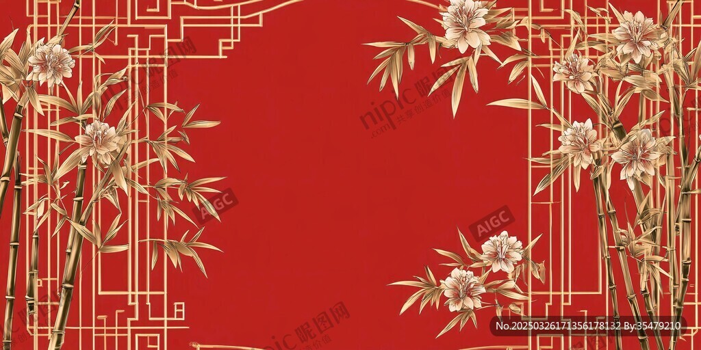 中式紅底竹花裝飾背景圖