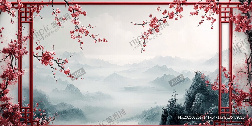 中式紅框梅花山水意境圖