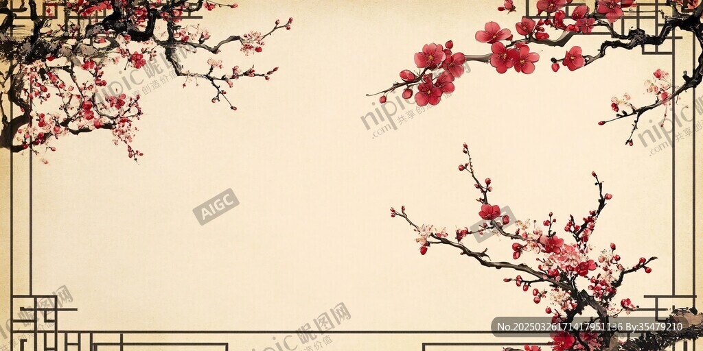 中式梅花邊框古風背景圖
