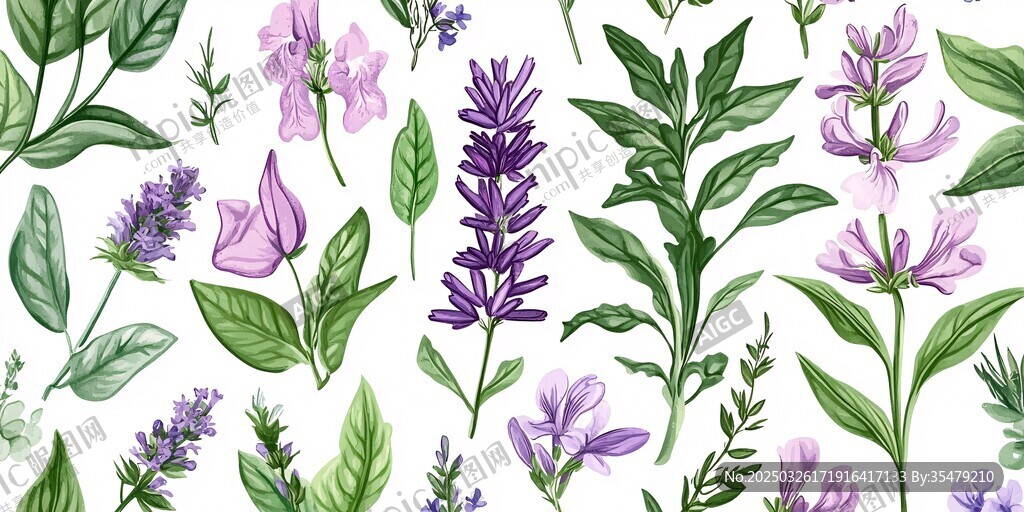 紫色花卉綠葉清新插畫