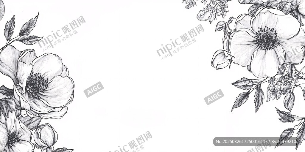 黑白花卉邊框插畫素材