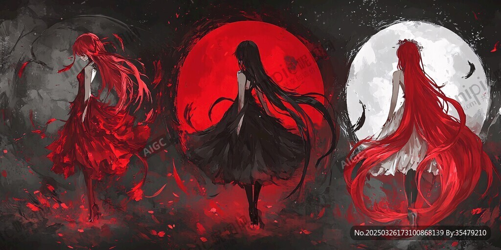 三少女于紅月白月下的剪影