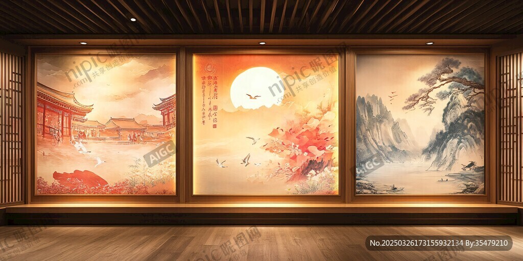 中式山水壁畫室內景觀