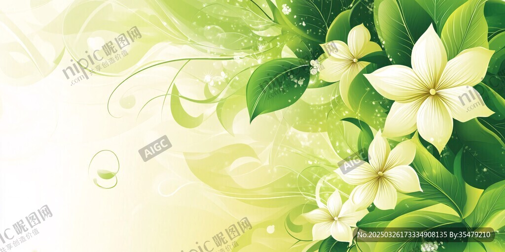 清新綠葉白花夢幻背景圖