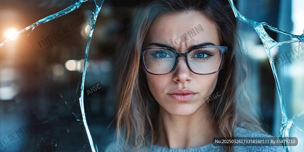 破碎玻璃后的憂郁女子