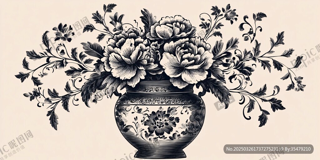 復古花瓶插花黑白藝術圖