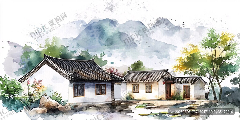 水墨風(fēng)中式鄉(xiāng)村庭院景致
