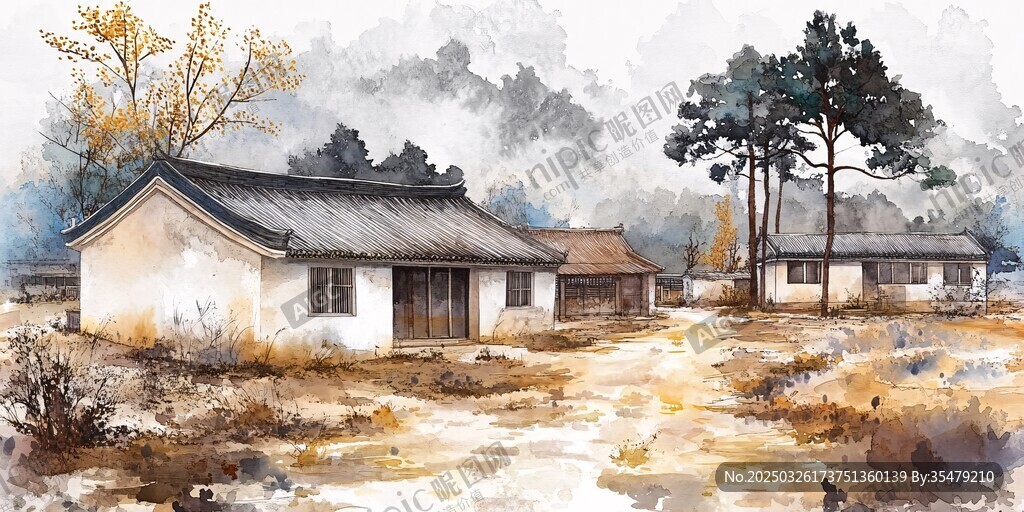 秋日鄉村水墨風景圖