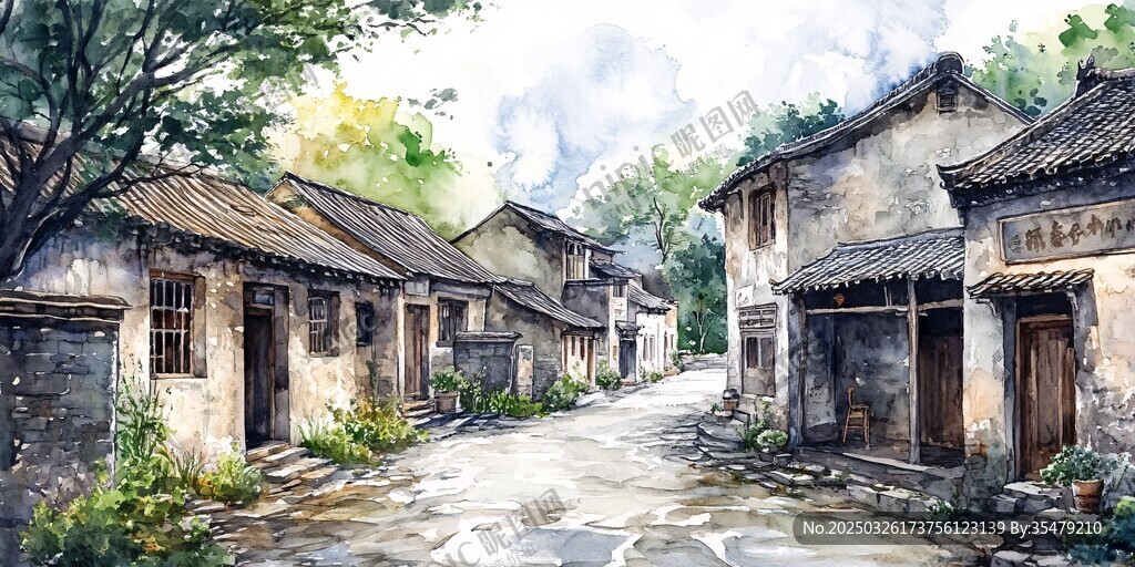 古舊村落小巷水彩畫景象