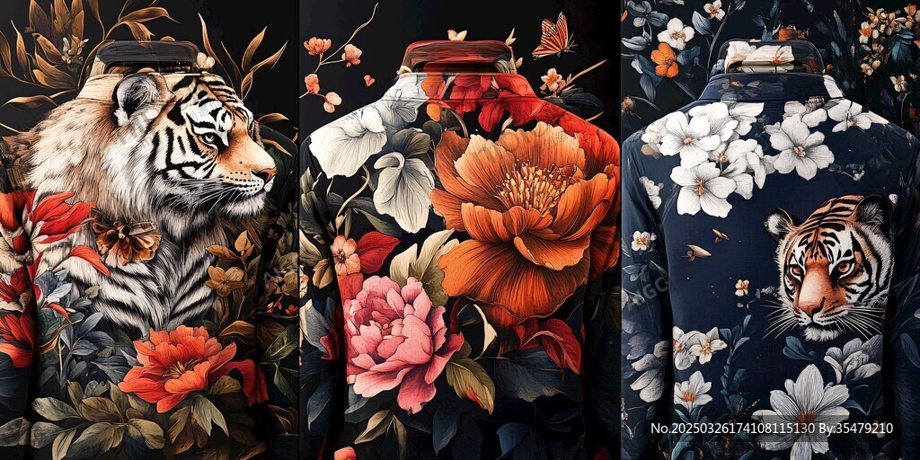 中式虎紋花卉印花服飾