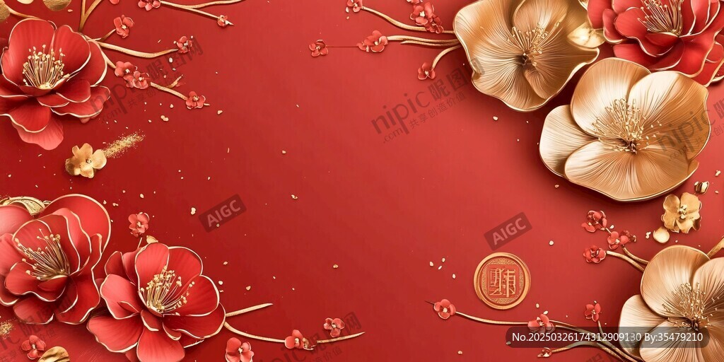 喜慶紅底繁花中式背景圖