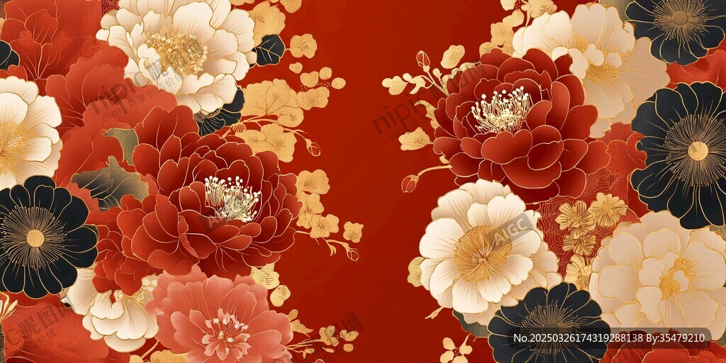 中式繁花紅底精美圖案