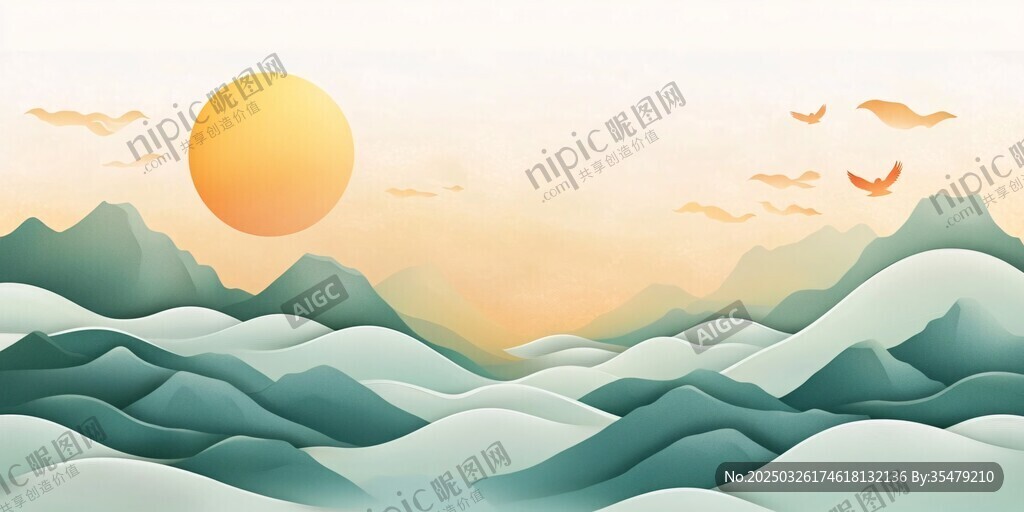 山間日出飛鳥美景圖