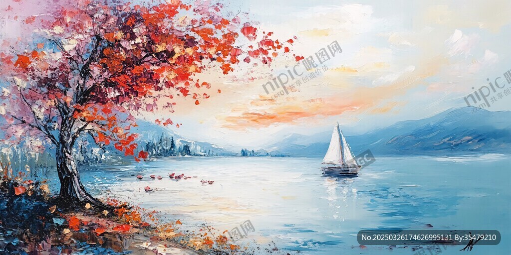 秋日湖畔帆船美景
