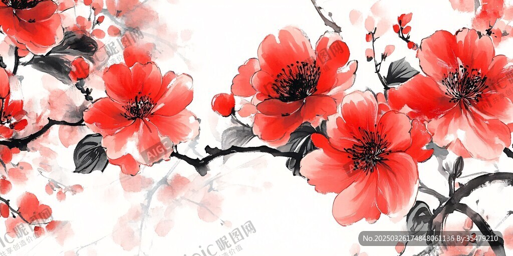 水墨紅花枝頭綻放