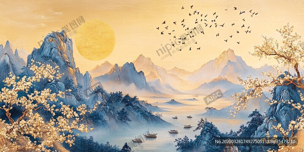 夕陽下的山水飛鳥景致