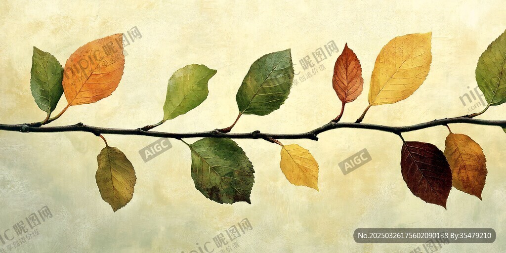 秋日枝頭多彩葉片插畫(huà)