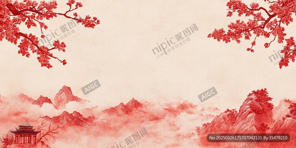 中式紅韻山水意境背景圖