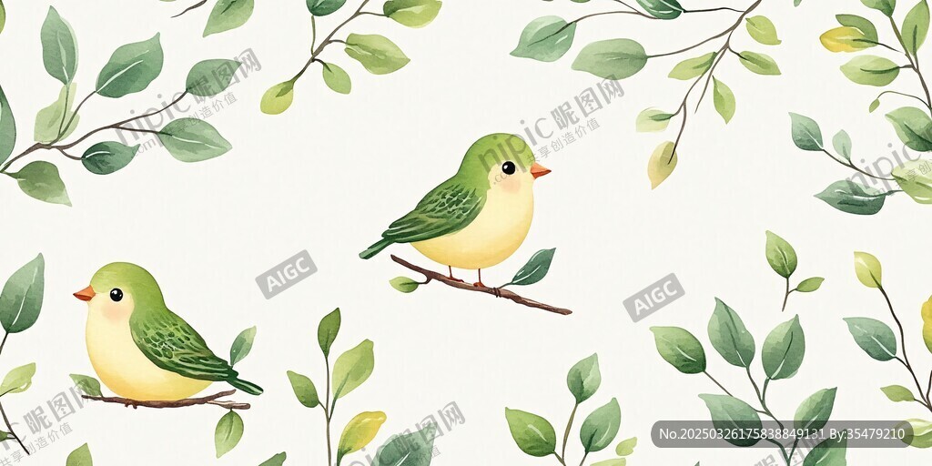 綠葉間的雙鳥插畫
