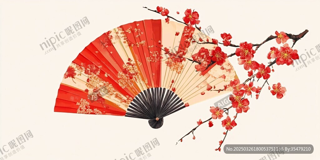中式折扇配紅梅雅致風情