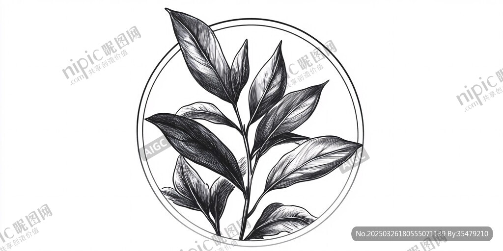 圓形框內的手繪植物葉片