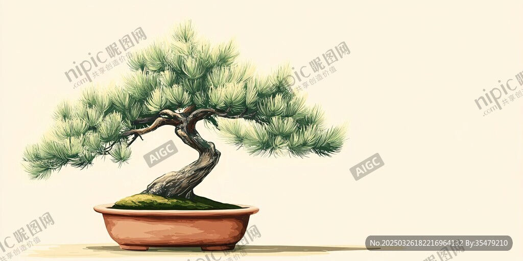 水墨風盆景松樹藝術插畫