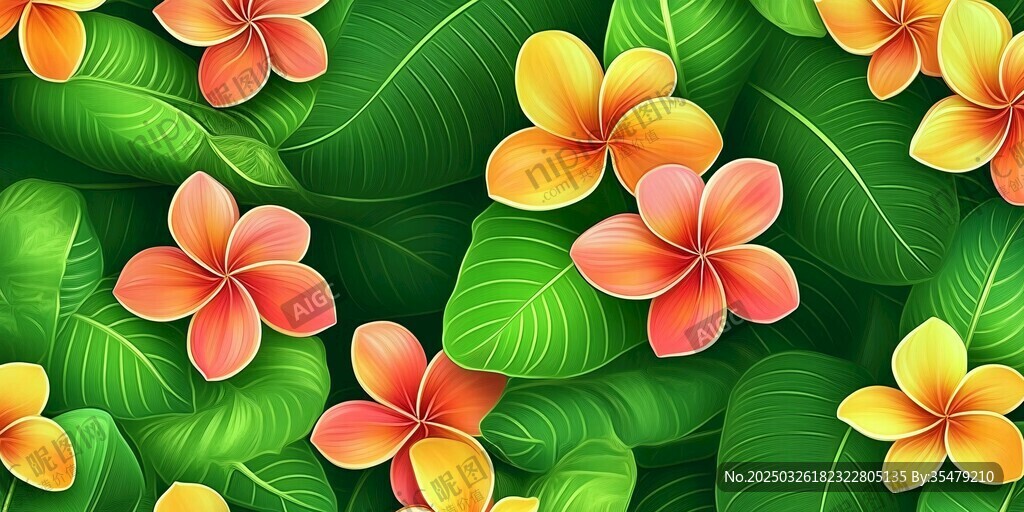 熱帶雞蛋花綠葉花卉圖案