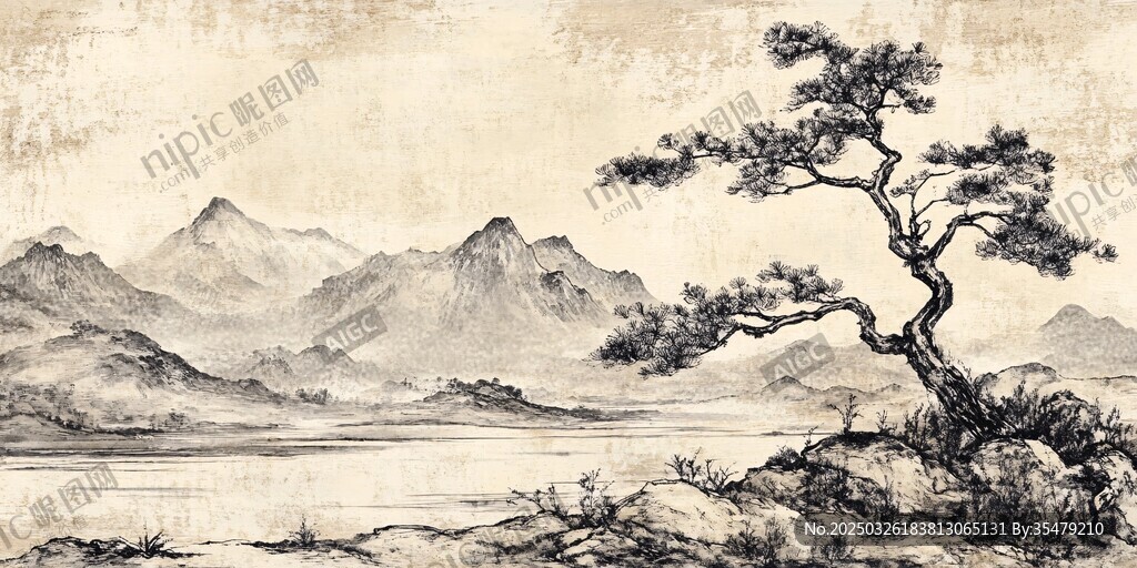水墨孤松映遠山