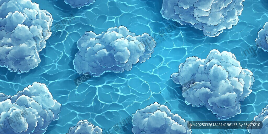 夢幻藍云海洋插畫背景