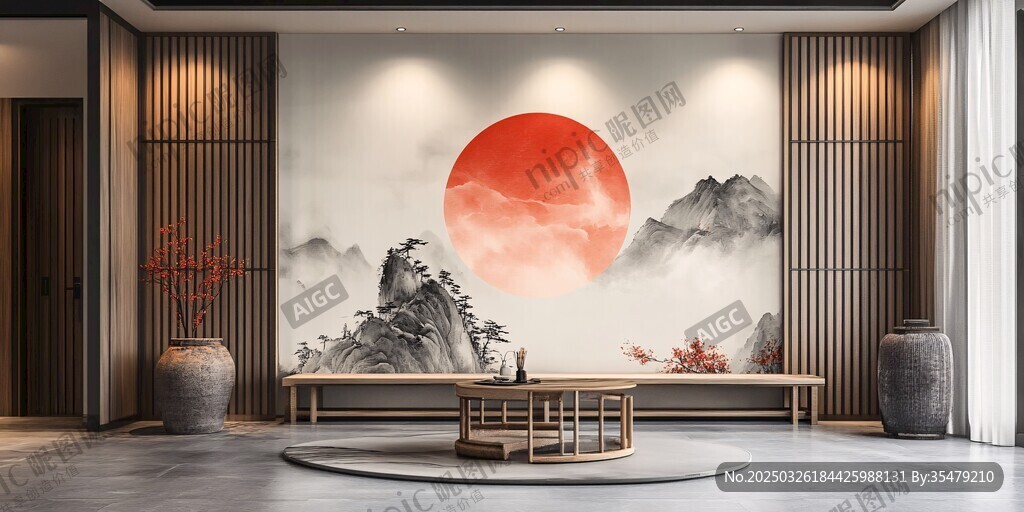 中式客廳 紅日山水壁畫景