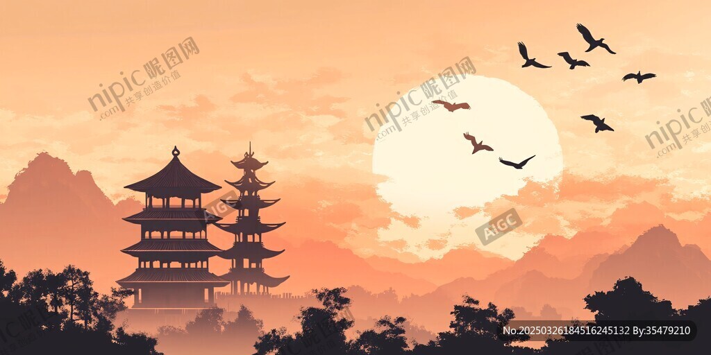 夕陽下的中式樓閣飛鳥景