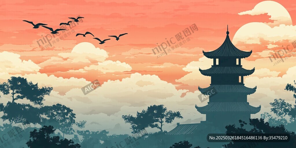 夕陽(yáng)下的古塔與飛鳥(niǎo)景色