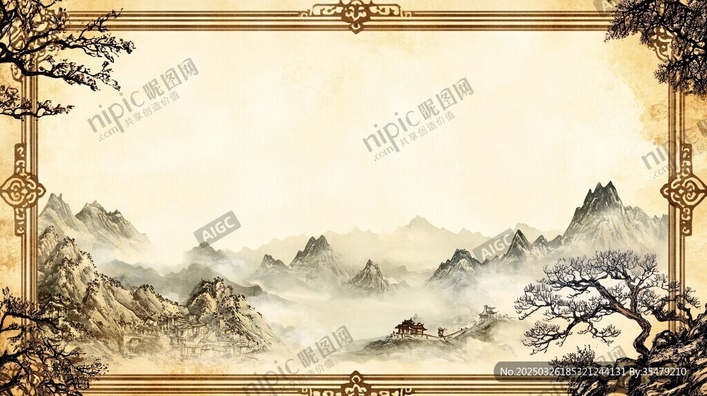 古典山水邊框中式背景圖