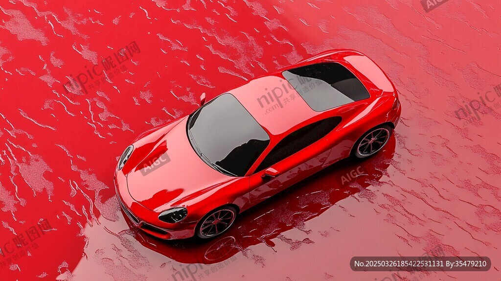 紅色跑車于紅色水面上