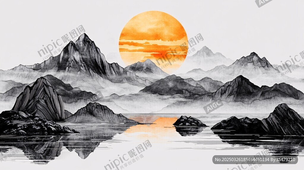 水墨山水間的落日盛景