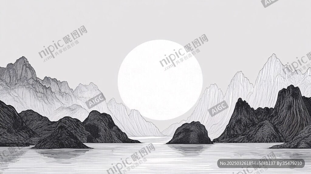 水墨山水間的明月之景