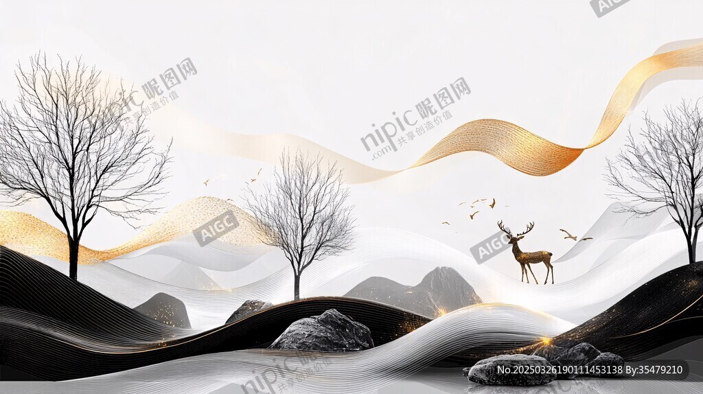 水墨風山水間的靈動鹿景