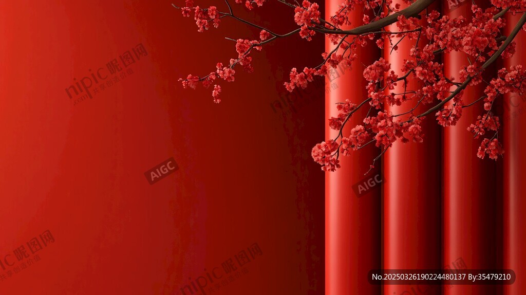 紅簾旁綻放的艷麗花枝