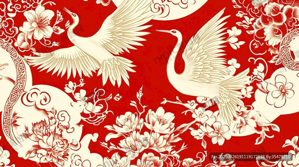中式紅底仙鶴花卉紋樣圖