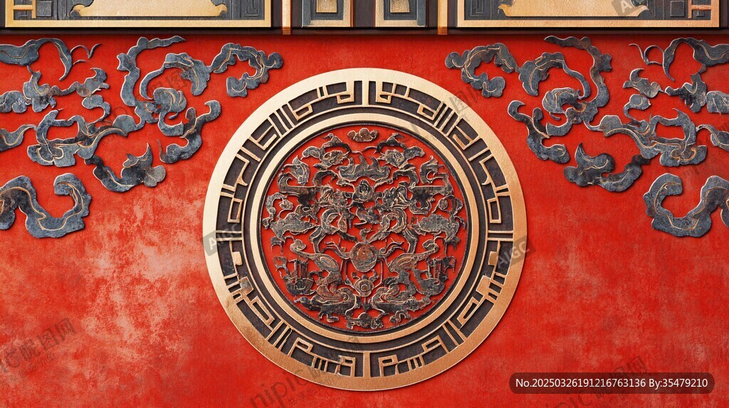中式紅墻精致龍紋裝飾