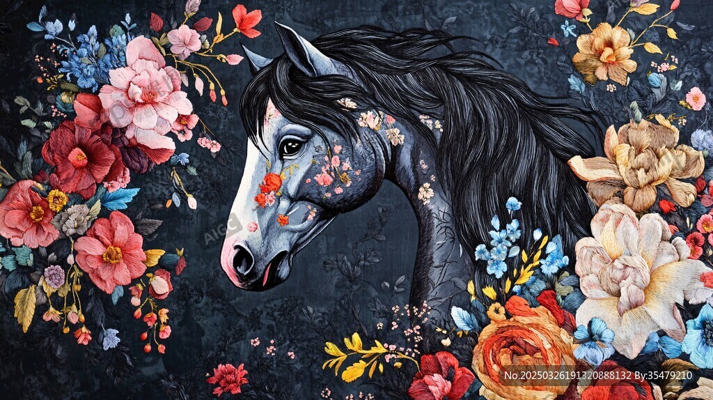 夢幻花飾駿馬圖