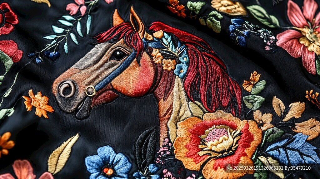 刺繡駿馬與繁花圖案